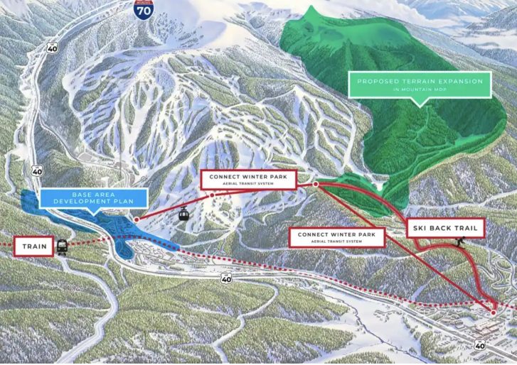Map of Winter Park Resort showing proposed terrain expansion, new ski back trail, aerial transit system connections, train access, and base area development plans.